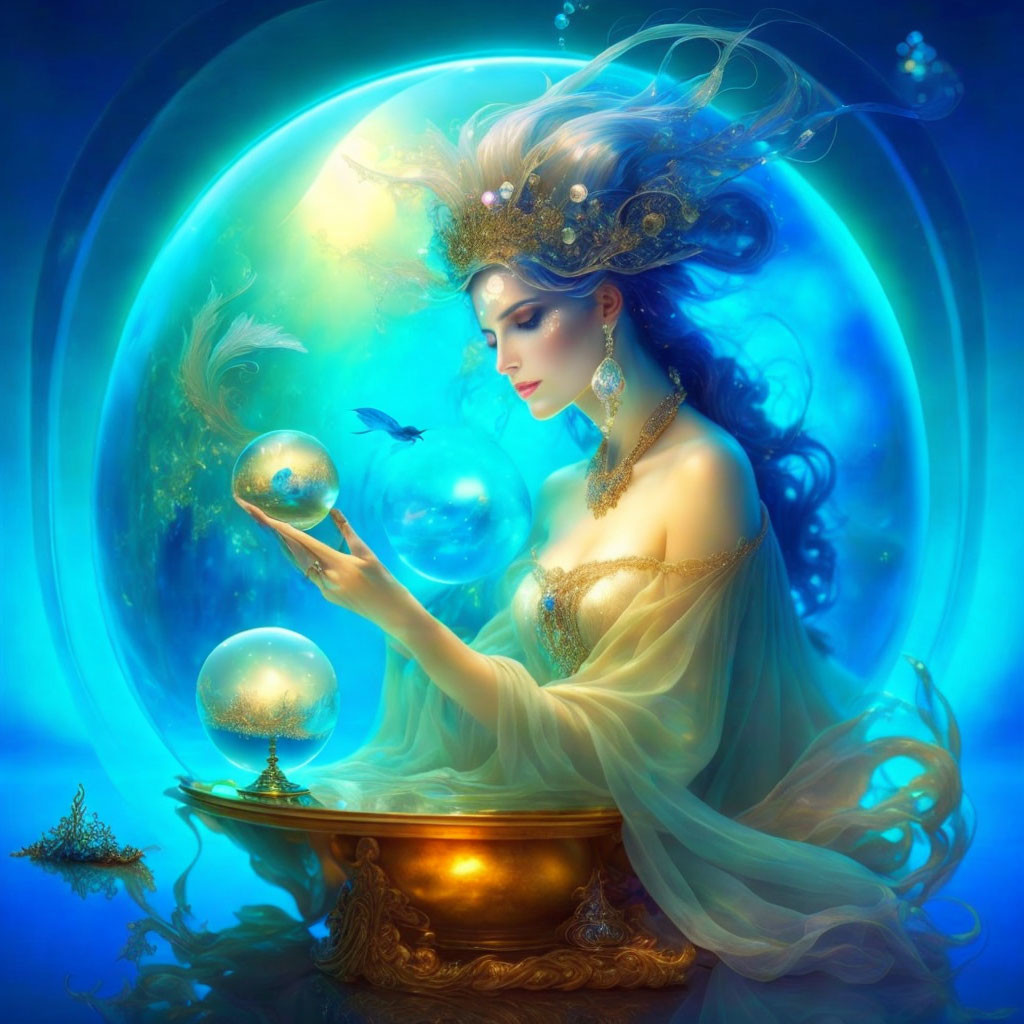 Fantasy illustration of elegant woman with glowing orb in mystical setting