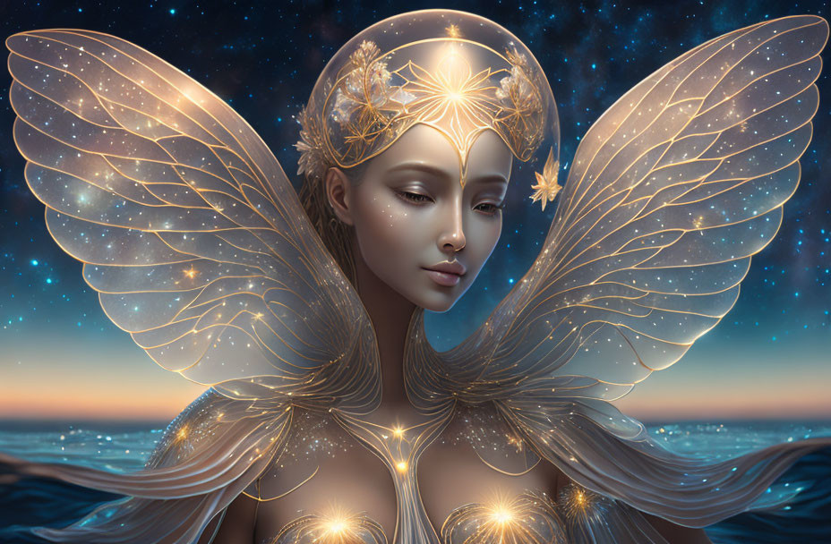 Ethereal being with luminous wings and starry crown by twilight ocean