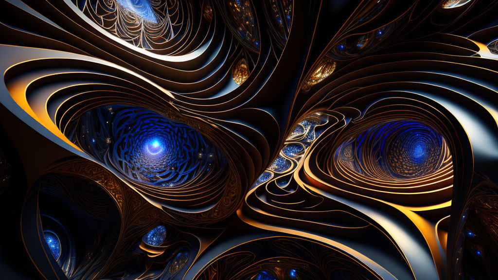 Blue and Gold Abstract Fractal Art: Swirling Patterns in a Visually Captivating Image