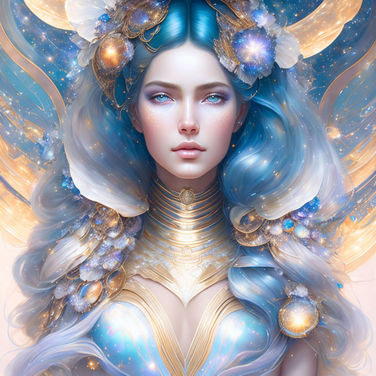 Woman with Blue Hair and Celestial Motifs: A Cosmic and Serene Portrayal