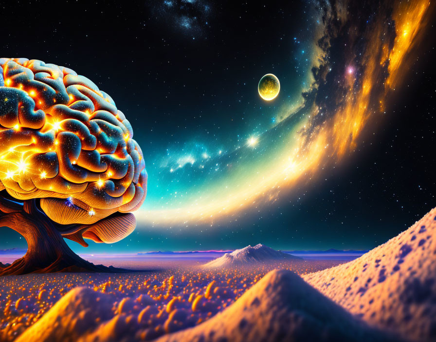 Surreal landscape with giant brain-like tree under starry sky