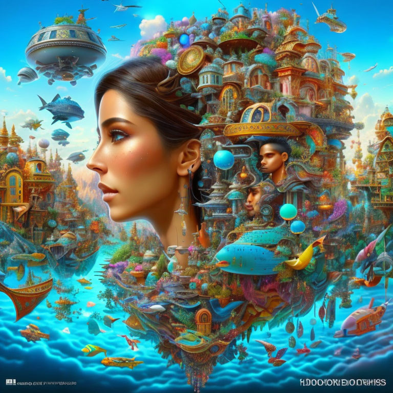 Woman's face merges with fantasy landscape of floating islands, colorful buildings, and marine life against dreamy