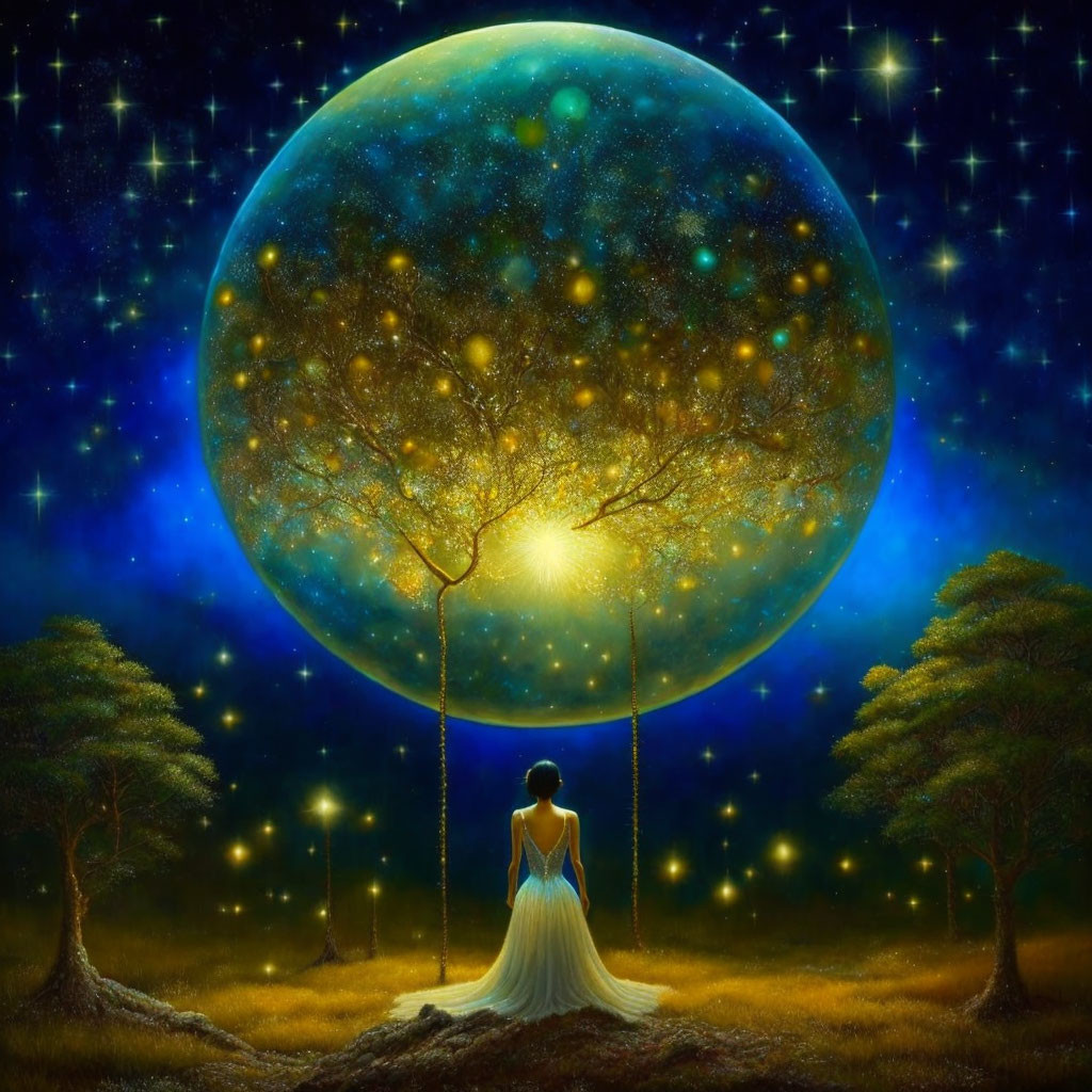 Woman in flowing dress swings under luminous tree with moon and star-filled sky