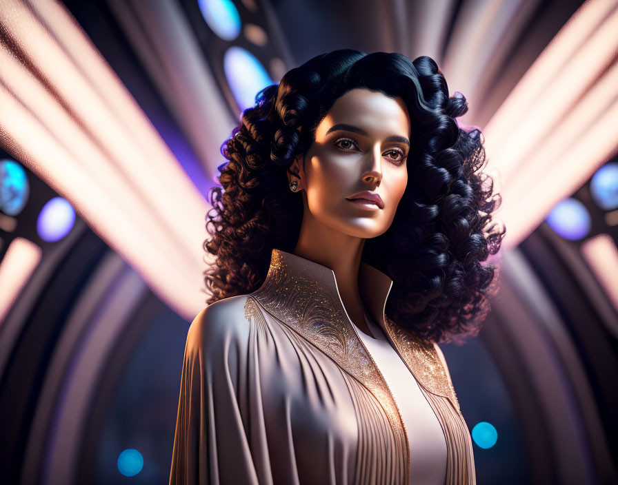 Curly-Haired Woman in Golden Outfit Against Futuristic Backdrop