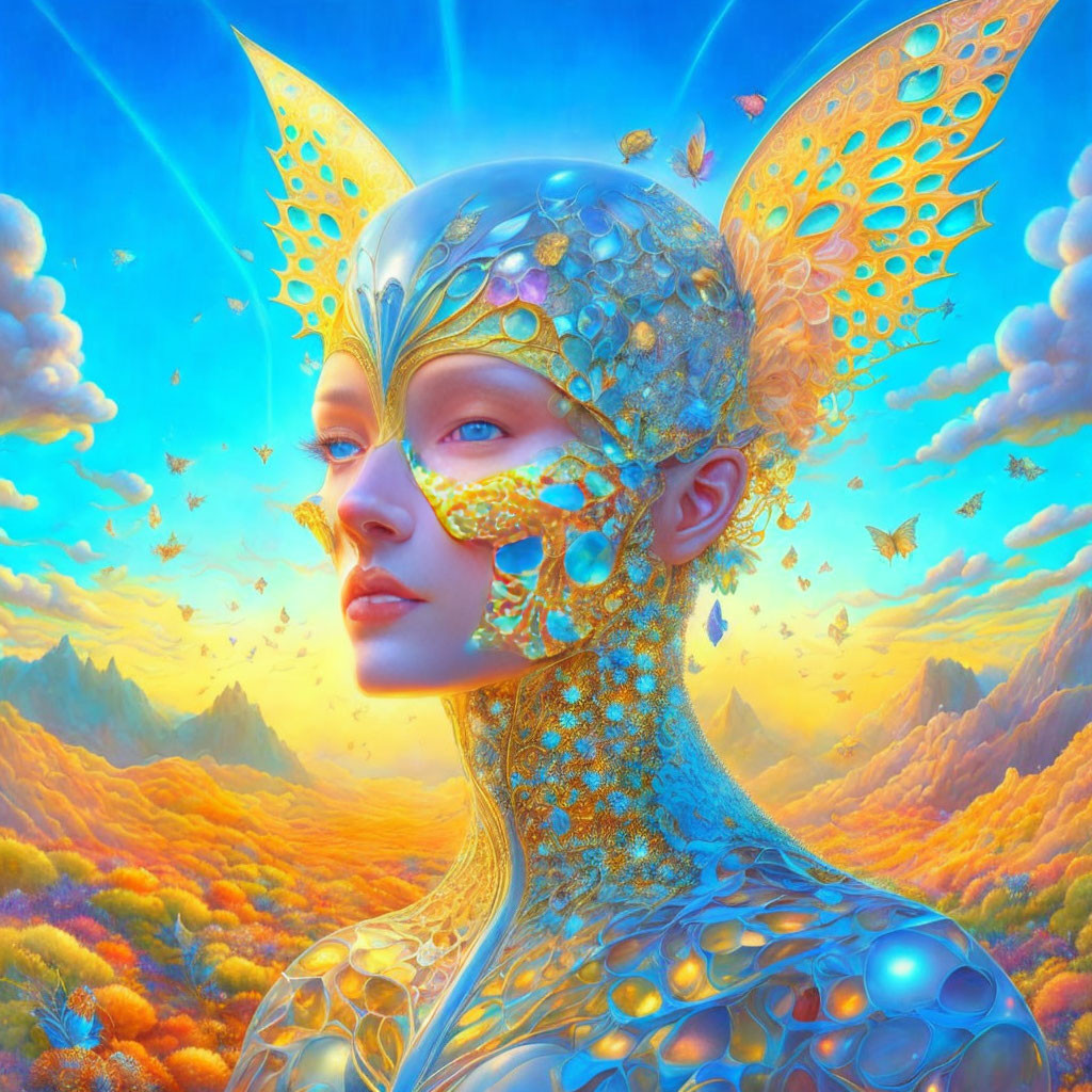 Intricate golden headgear and armor in vibrant fantasy portrait