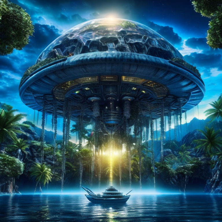 Giant UFO over tropical lagoon emits light beams