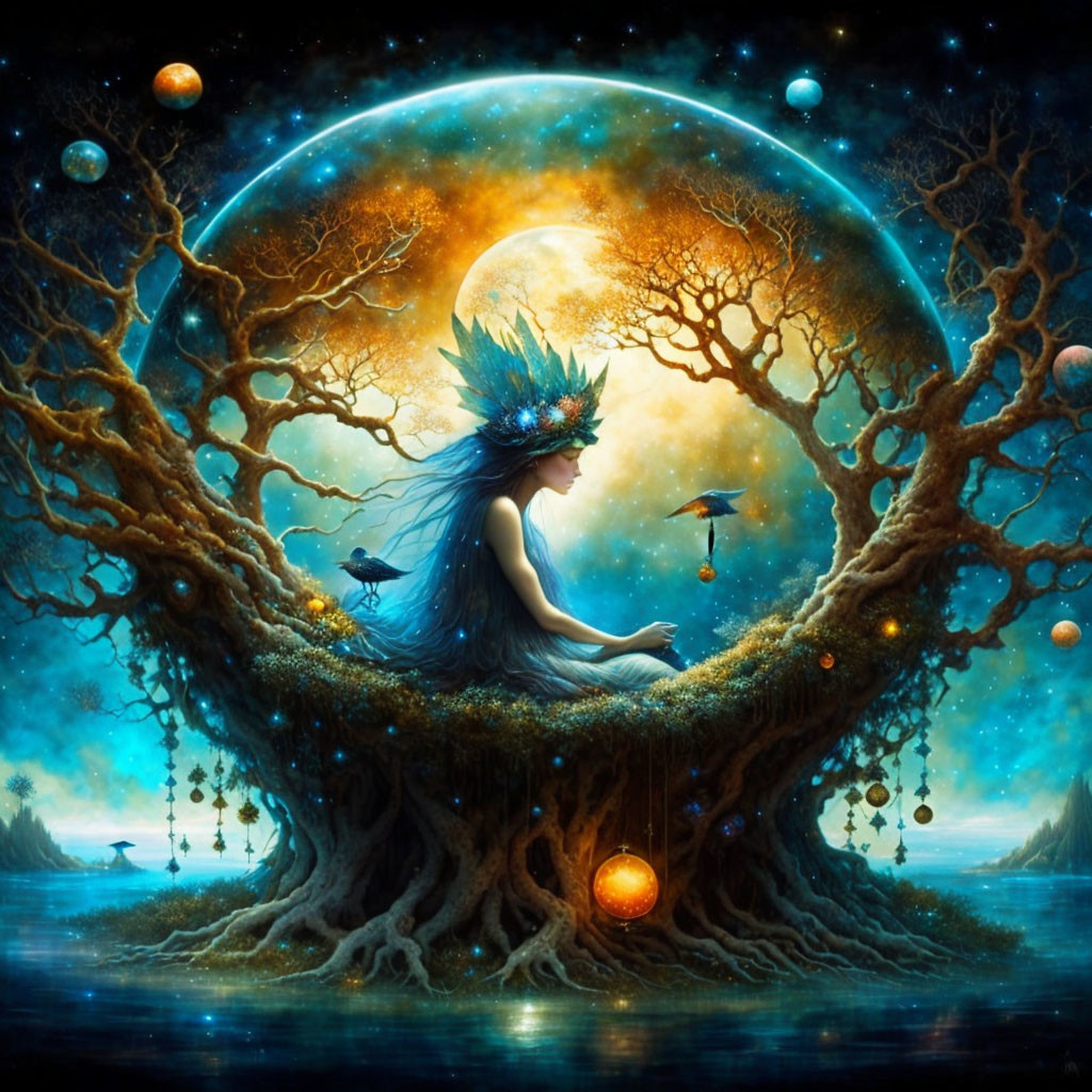 Fantastical artwork: Woman with bird-like headdress on tree, cosmic backdrop, moon, floating