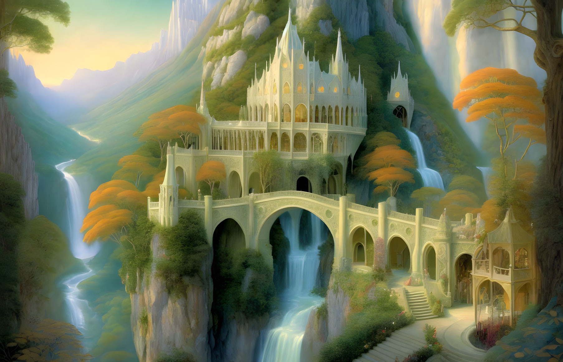 Fantastical palace with arches and towers on cascading waterfall in autumn forest landscape