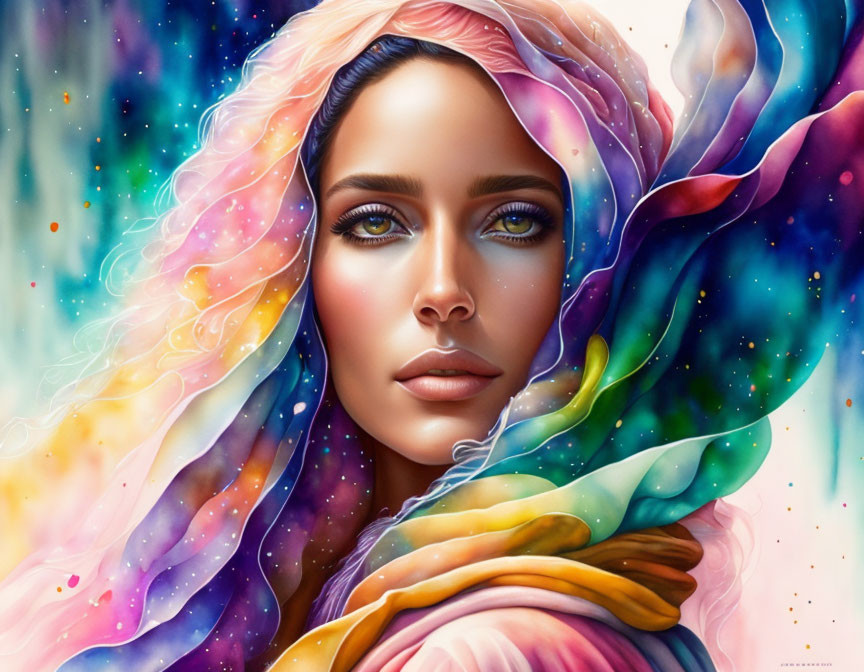 Colorful portrait of a woman with cosmic nebula hair and intense gaze