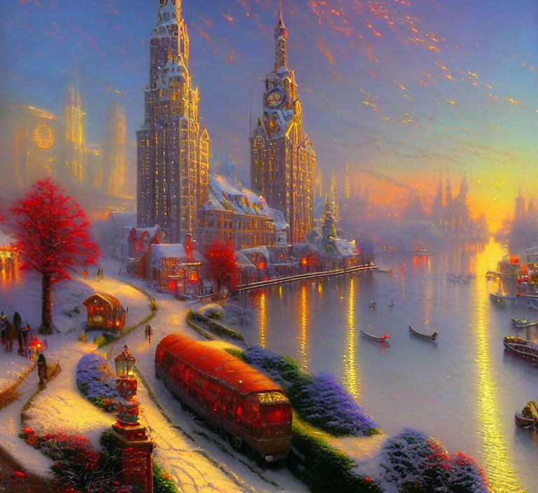 Snowy cityscape at dusk: illuminated buildings, red tram, boats on river