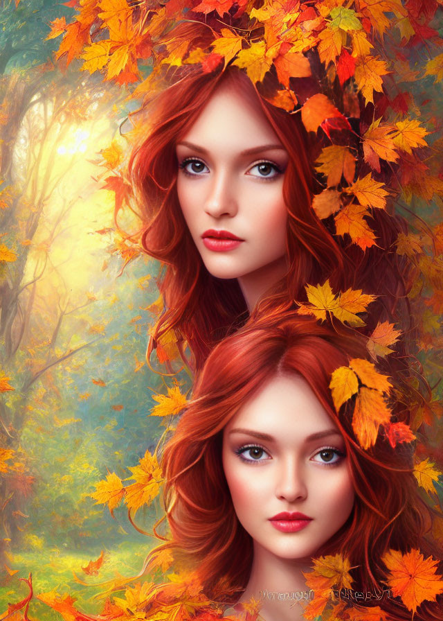 Digital Artwork: Two Red-Haired Women with Autumn Leaves in Forest