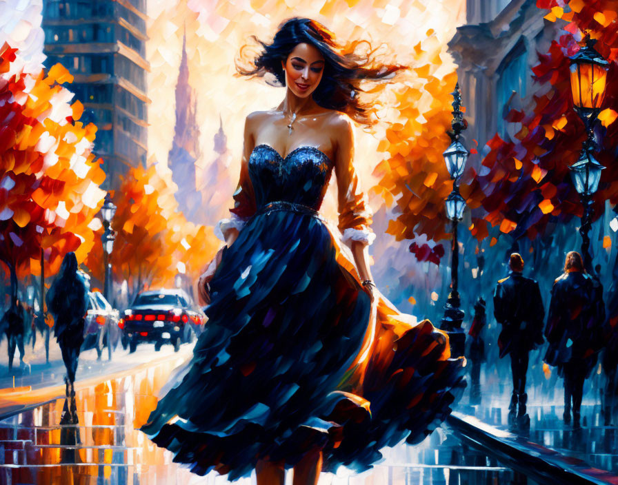 Joyful woman twirls in black dress on vibrant city street