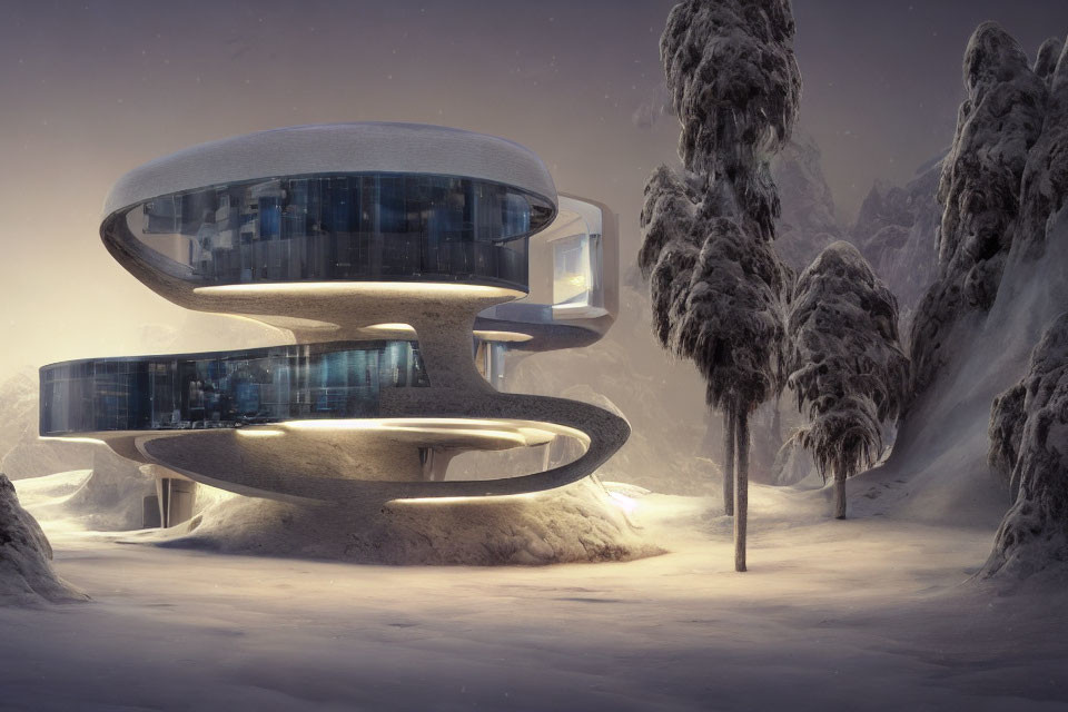 Curved futuristic building in snowy landscape with glowing light