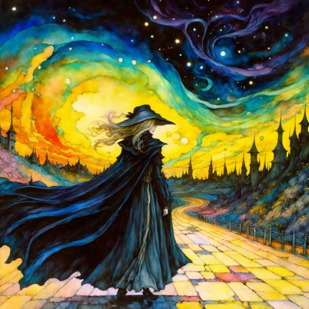 Cloaked Figure on Vibrant Yellow Brick Road with Swirling Sky