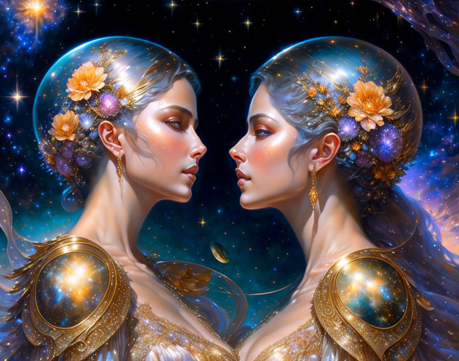 Ethereal women in celestial headdresses and golden armor against starry space.