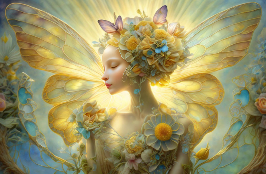 Ethereal fairy with golden wings and flower headpiece