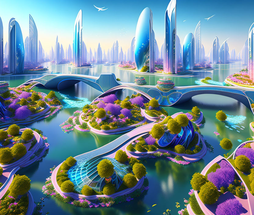 Futuristic cityscape with tall buildings, bridges, and greenery