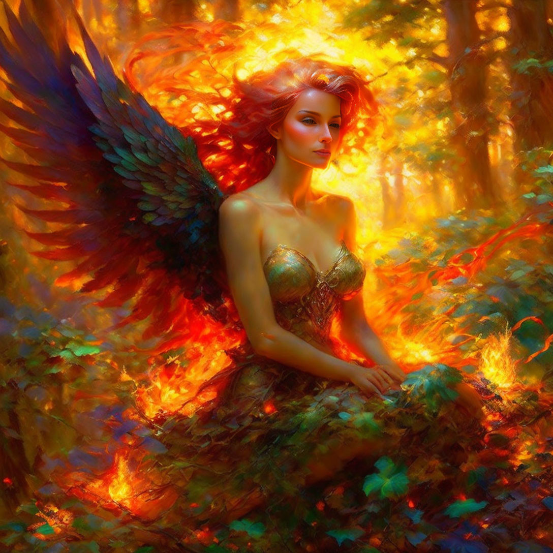 Winged woman in autumn forest with ethereal glow