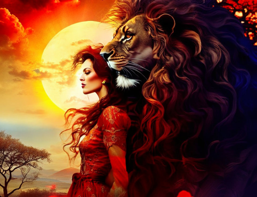 Composite Image: Woman in Red Dress with Lion in Sunset Scene