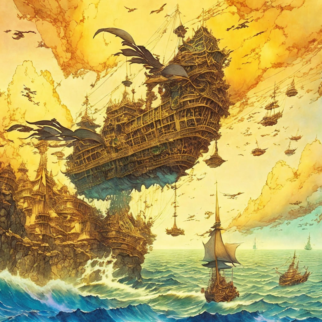 Fantastical flying ships over tumultuous seas and golden clouds.