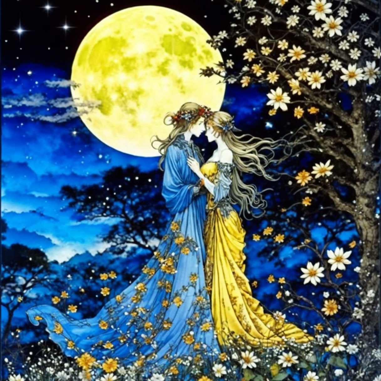 Elegant figures in blue and yellow dresses under full moon