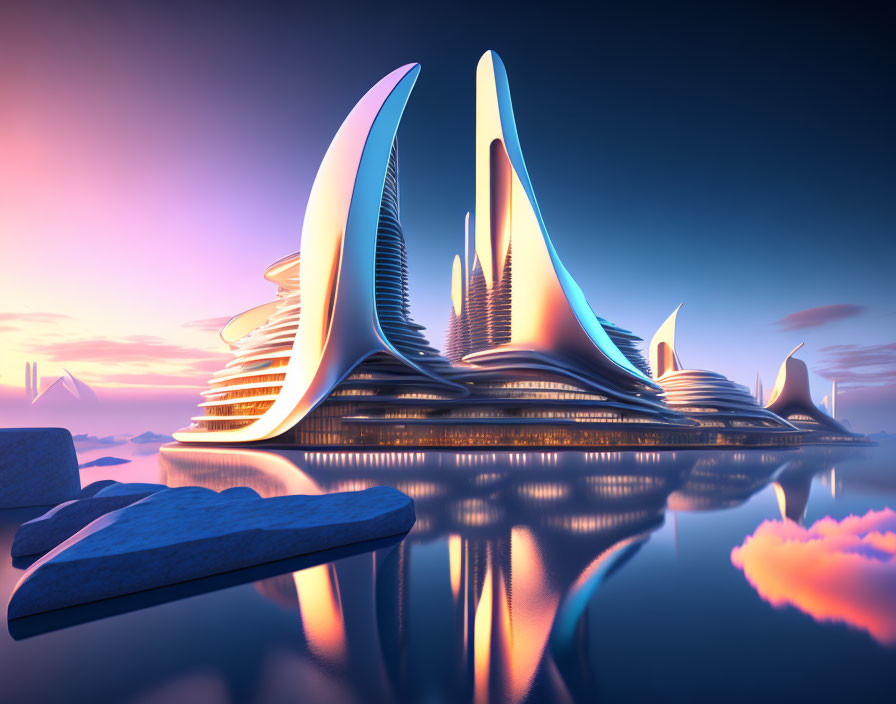 Sleek curved buildings in futuristic cityscape at sunset