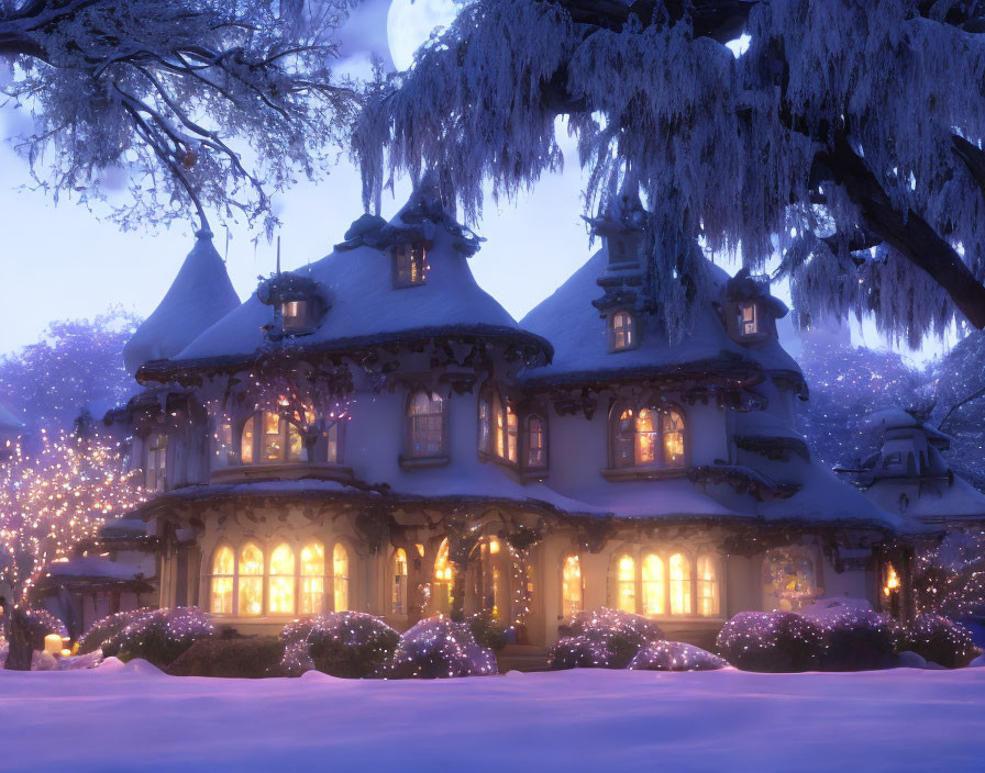 Snow-covered house with holiday lights in dusk sky