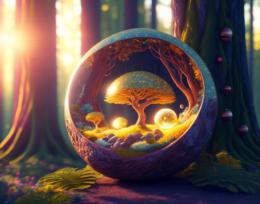 Vibrant miniaturized forest landscape in mystical orb