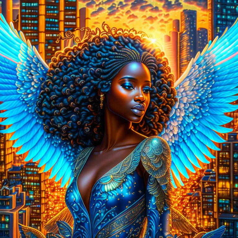 Fantasy-themed digital art: Woman with blue wings and afro hair in vibrant colors against cityscape