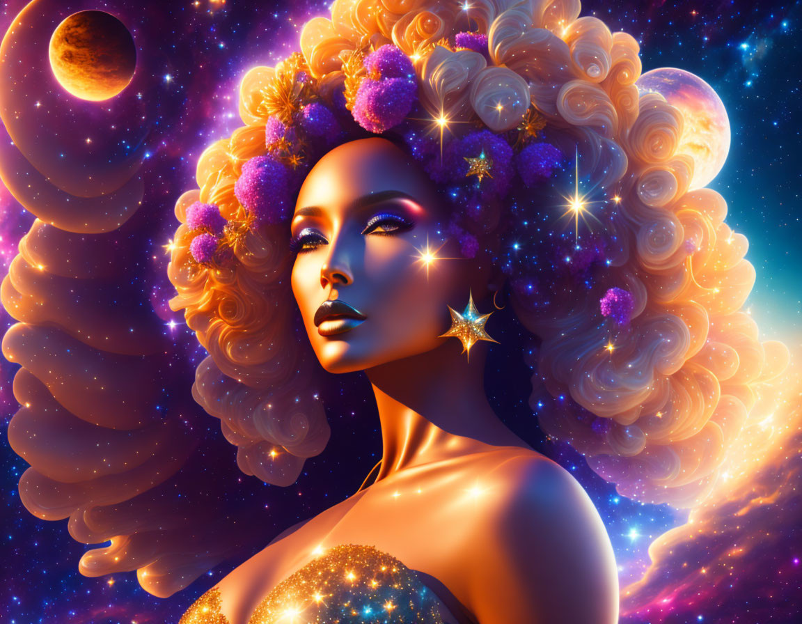 Cosmic-themed woman illustration with stars, planets, and nebulae.