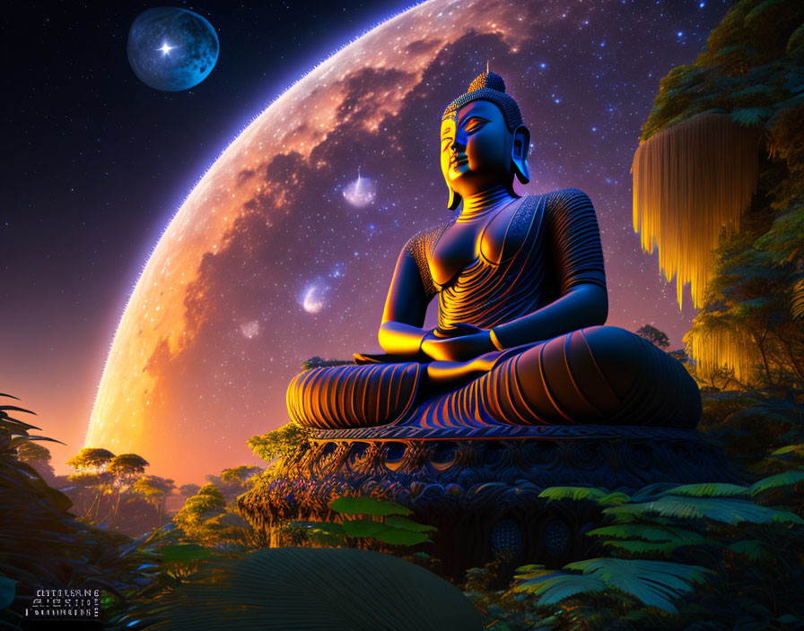 Large Buddha statue at night with full moon and stars in serene setting