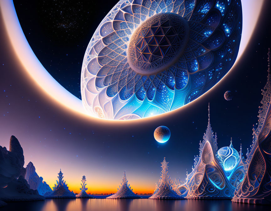 Fantastical landscape with glowing moon and surreal trees