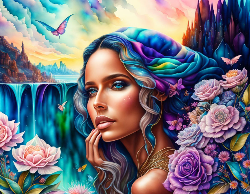 Colorful digital artwork featuring a woman with nature elements and a butterfly