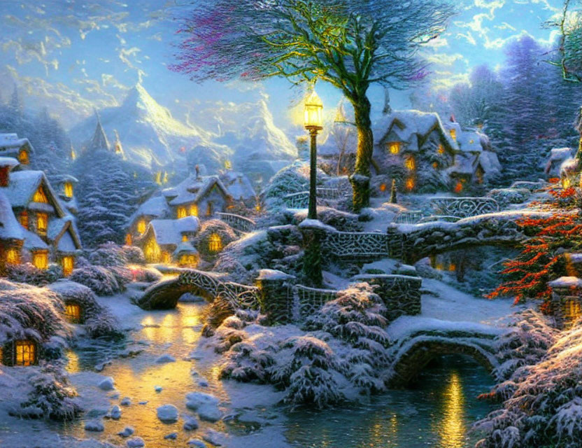 Snow-covered cottages, lit lamp post, stone bridge, mountains in a winter village scene