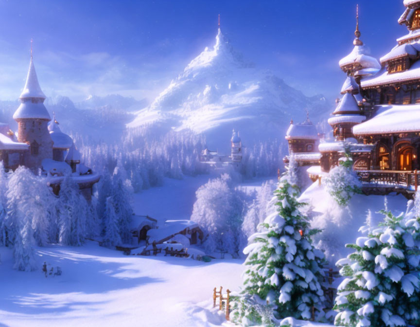 Snow-covered winter landscape with trees, buildings, and mountains under blue sky