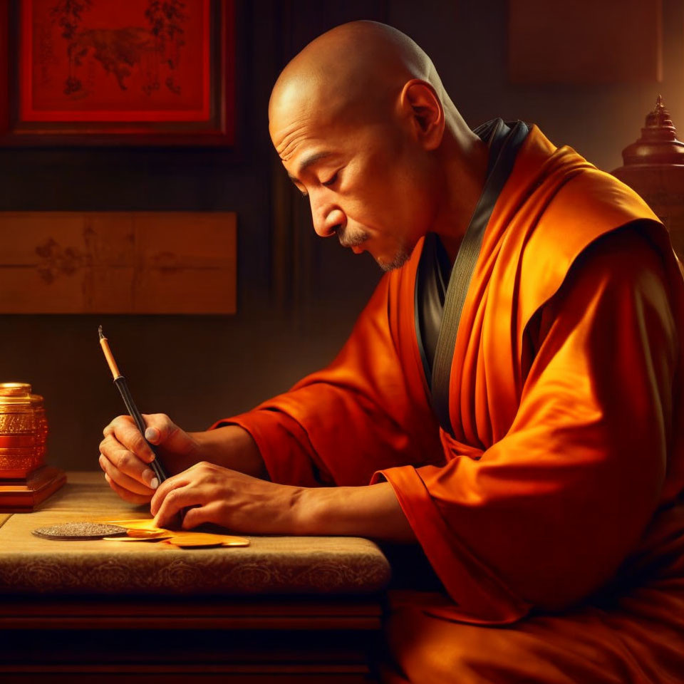 Bald Monk in Orange Robes Writing at Table