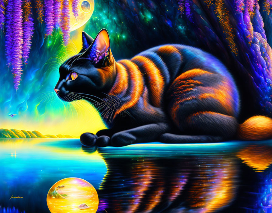 Colorful Artwork: Black Cat with Glowing Eyes by Reflective Water