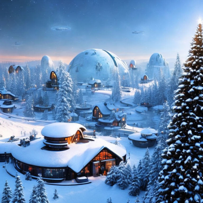 Snowy Winter Scene with Futuristic Domes and Traditional Cabins at Dusk