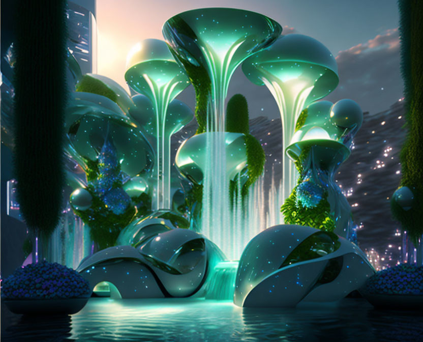 Luminescent mushroom structures in fantastical landscape