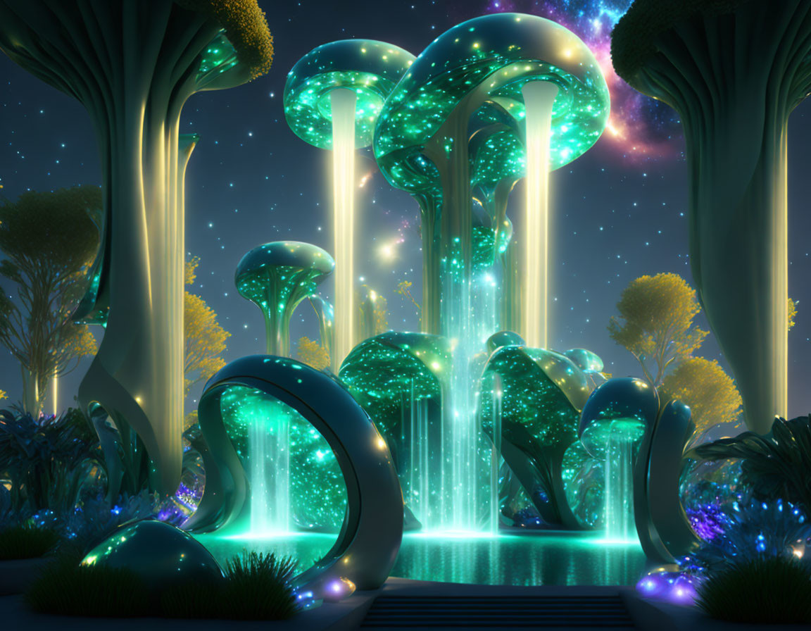 Glowing mushroom-shaped trees in enchanted forest at night