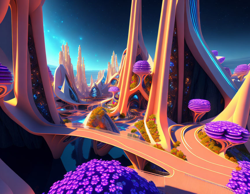 Bioluminescent purple foliage, orange pathways, and sleek structures in a fantasy landscape