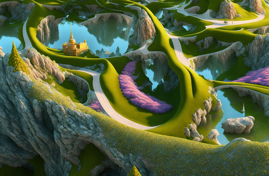 Fantastical landscape with purple flora, golden castle, and winding paths