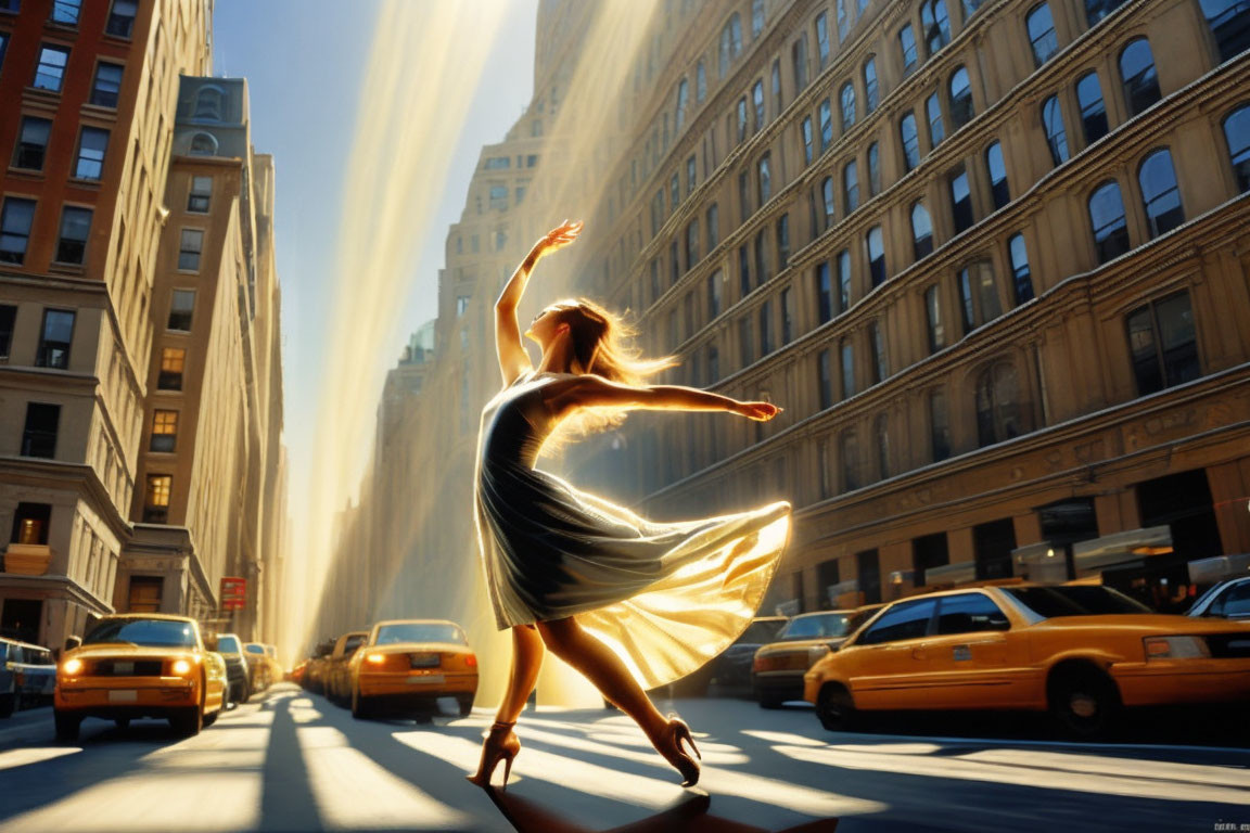 Woman dancing in sunlight on city street with yellow cabs