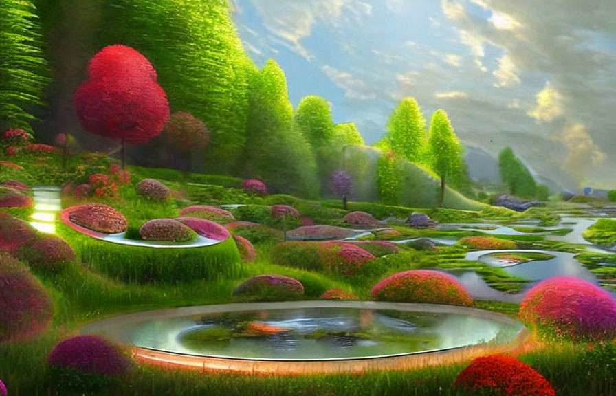 Colorful Fantasy Landscape with Glowing Ponds & Lush Greenery