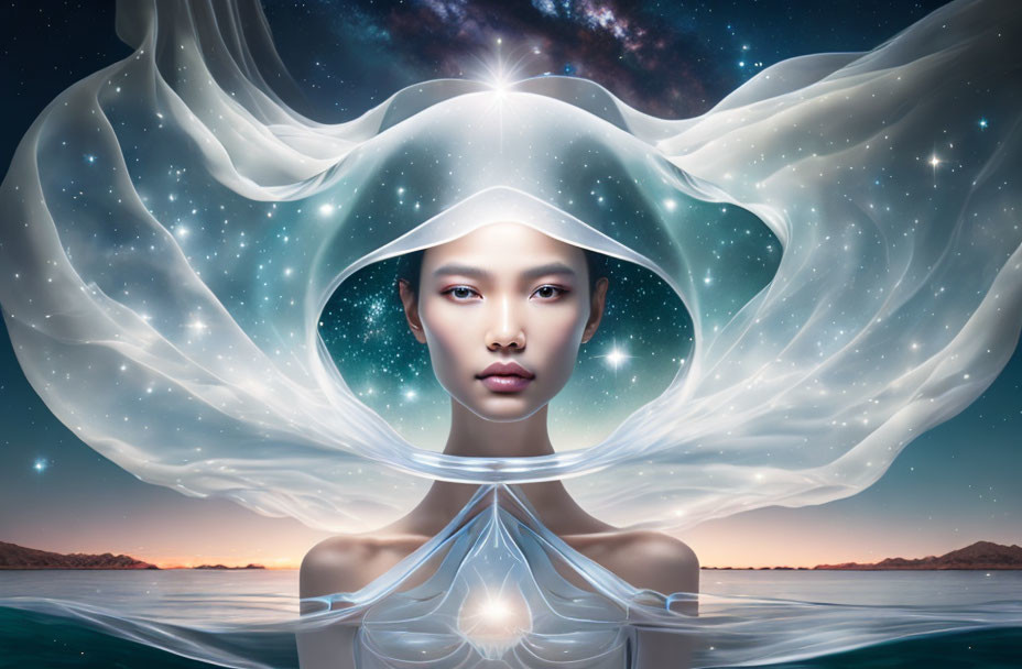 Surreal image: Woman with flowing fabric in cosmic landscape