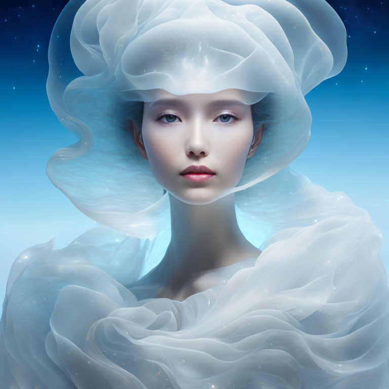 Woman with flowing white headpiece in starry sky portrait