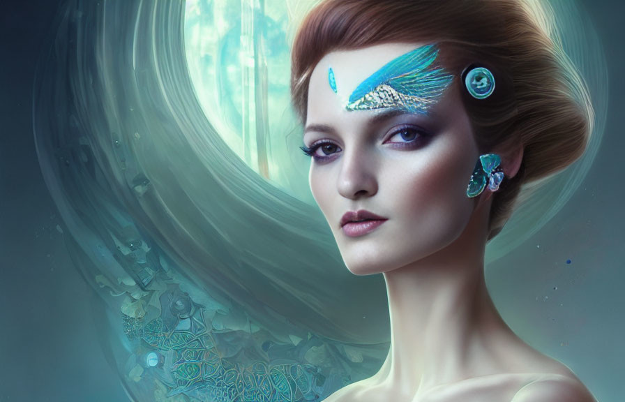 Woman with ornate winged headpiece in futuristic digital artwork