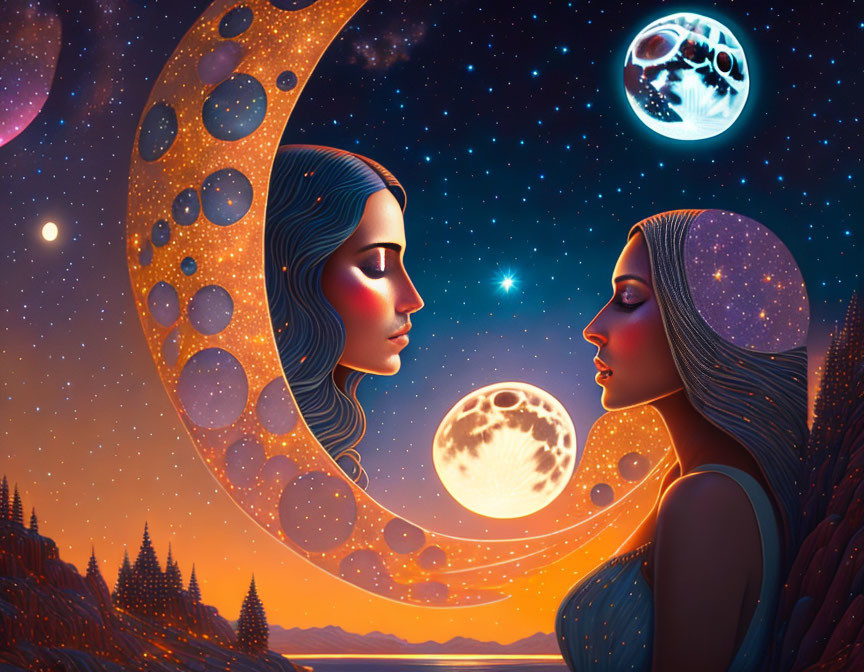 Stylized female figures with celestial bodies in the background