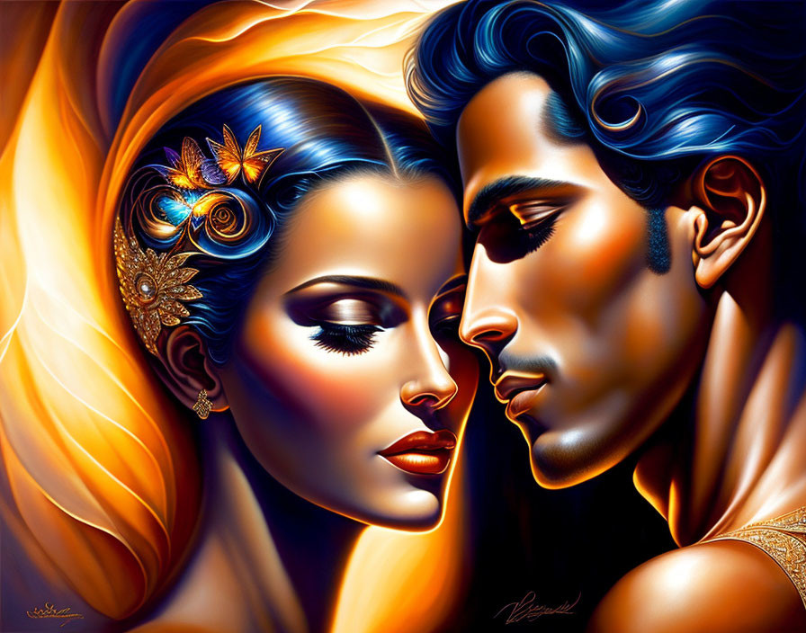 Stylized man and woman in profile with blue and gold hues in intimate pose