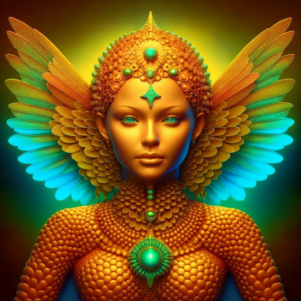 Digital artwork featuring humanoid figure with feathered wings and ornate headdress.